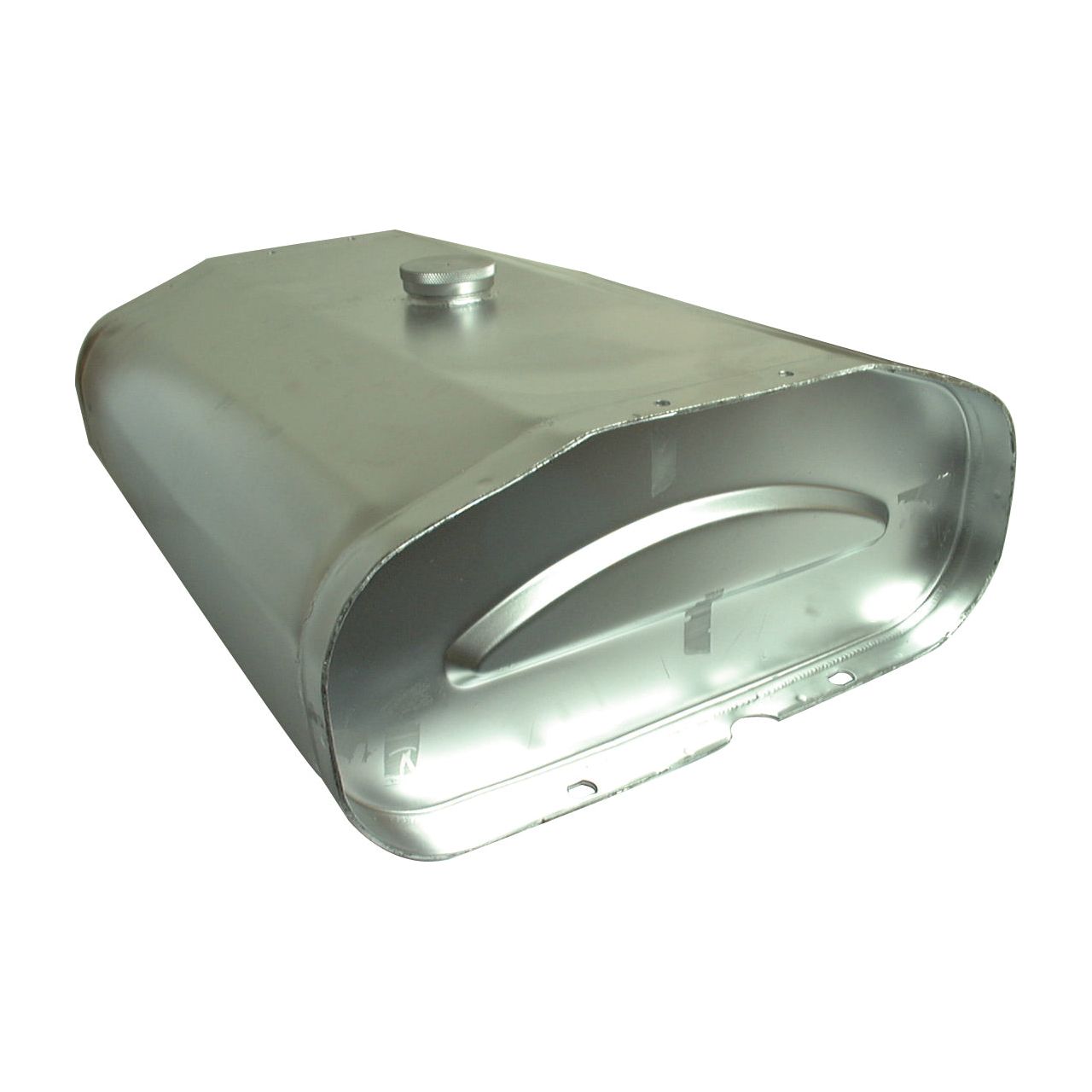 The Sparex Fuel Tank (Part No. S.42413) boasts a silver metallic finish and an oblong shape, featuring a visible cap on top and an open end facing forward. Specifically designed for Massey Ferguson models, this fuel tank ensures both durability and compatibility with your tractor's requirements.