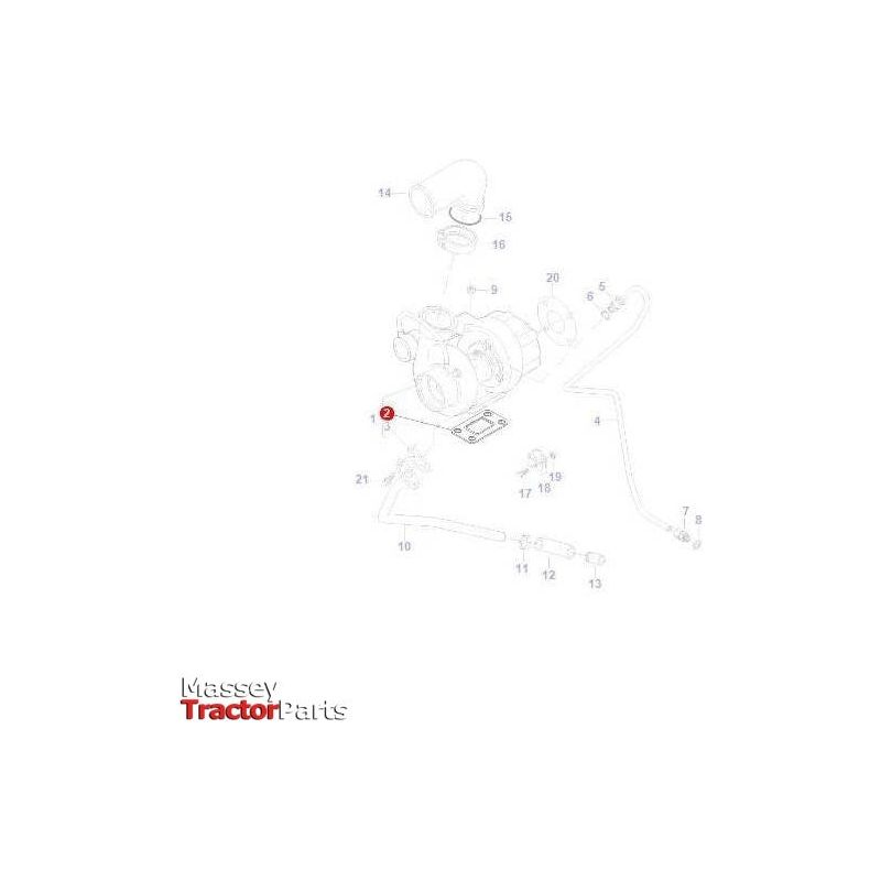 An exploded diagram of a tractor part assembly with numbered components, such as bolts, pipes, and fittings, labeled "Massey Ferguson - Gasket Turbo - V836740277 - V836784847 by AGCO" in the bottom left corner.