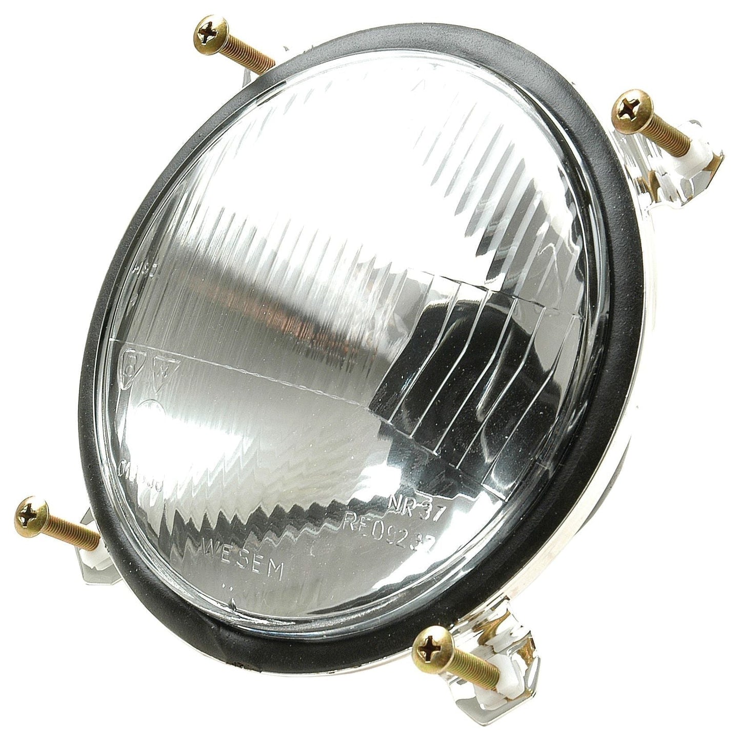 The Sparex Head Light (Halogen), RH & LH, RH Dip, 12V - S.42800 features a clear, round headlight assembly with four brass-colored mounting screws and a black rubber seal around the edge, designed with halogen lighting technology for enhanced brightness.