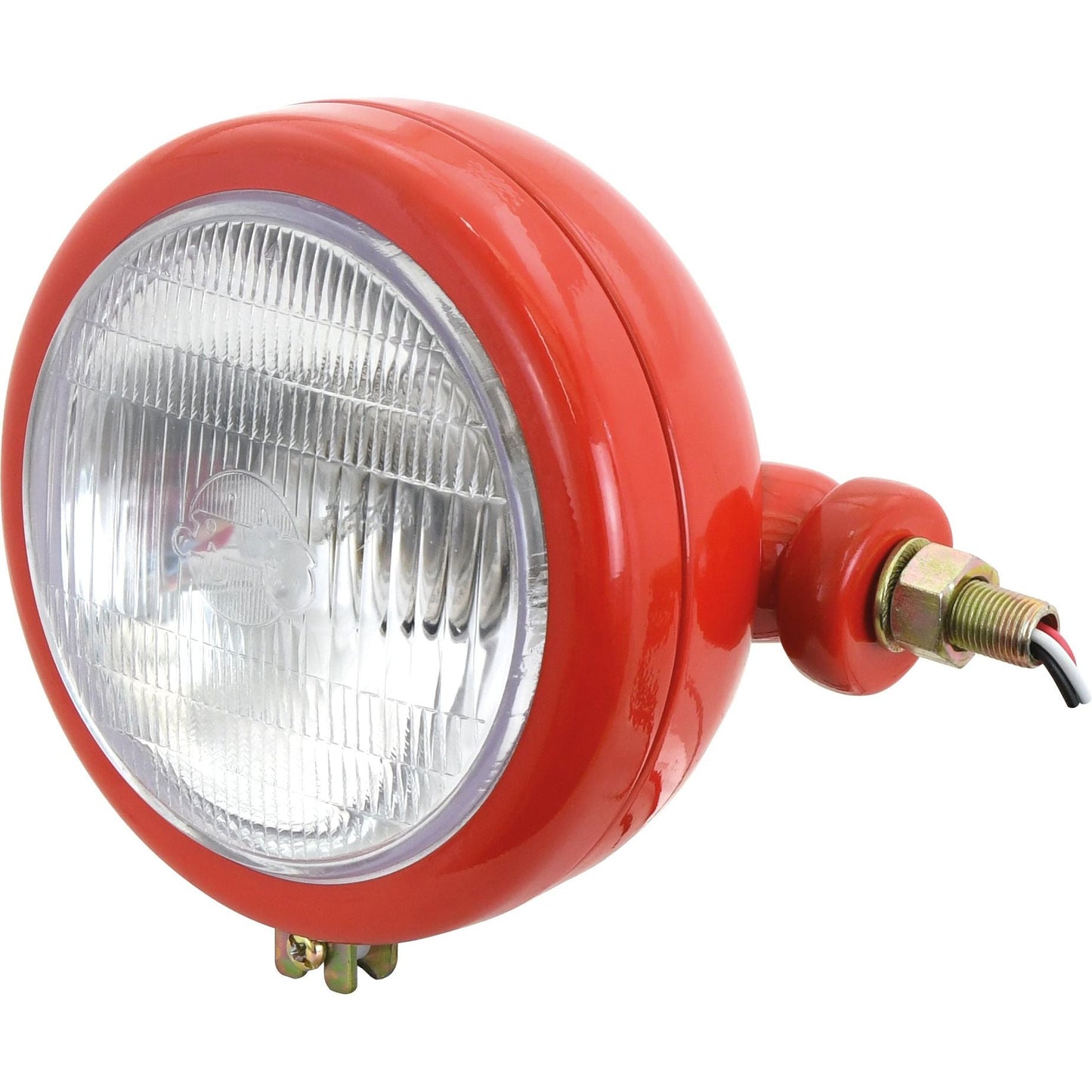 The Sparex Head Light (Halogen), RH, Straight, 12V - S.7836 is a red round headlight with a transparent glass front, mounted on a metal bracket with attached wires. It boasts a durable metal housing material and utilizes a Halogen light source.