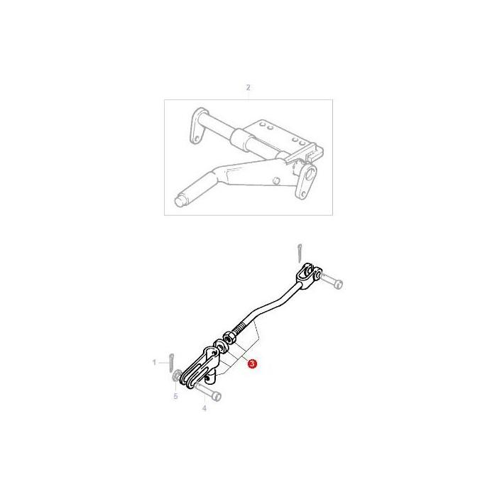 A technical drawing featuring a mechanical linkage assembly with numbered components, ideal for those working on AGCO's Massey Ferguson 100 Series machinery, specifically the Hand Brake Rod - 714846M93.