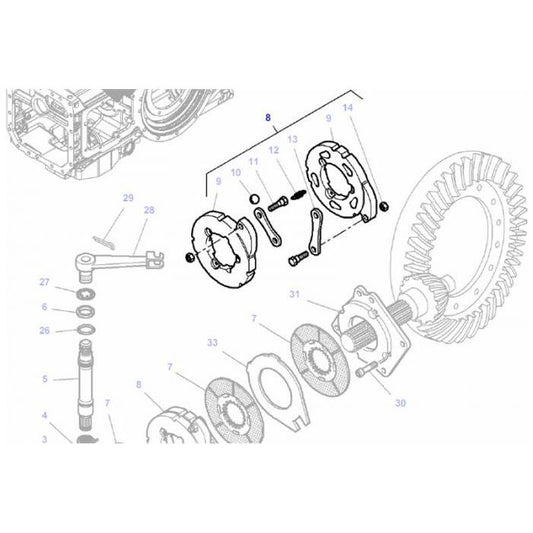 Technical diagram showing the assembly and parts of a mechanical gear system, with components numbered and labeled for identification, including the AGCO Massey Ferguson Handbrake Actuator, product number 3716920M91.