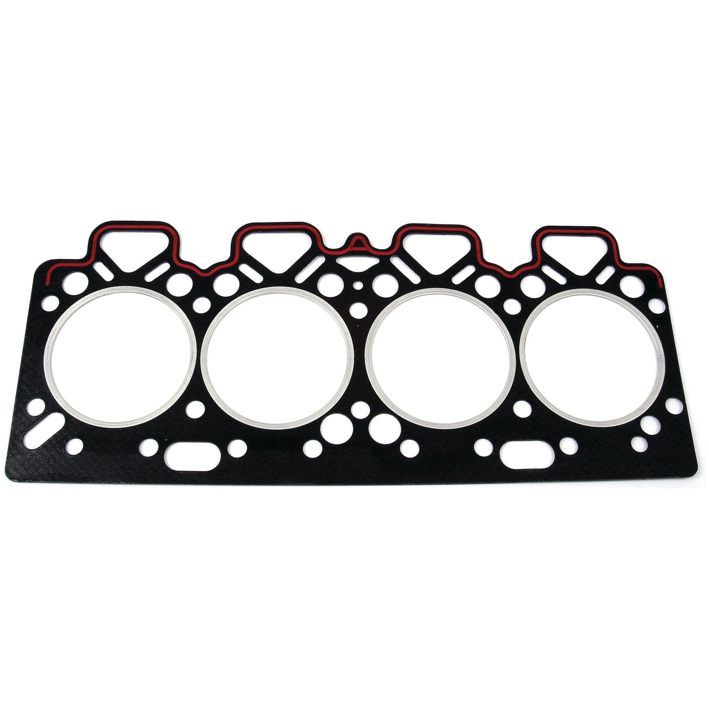 The Head Gasket - 4 Cyl. (D39T, AT4.236, A4.236, A4 236, A4. 248, A4. 212, 1104C-44, 4.236) by Sparex (Part No.S.40624) is a rectangular head gasket designed for Perkins engines featuring four round openings and additional smaller holes on its black body with red and white accents; it is also asbestos-free for enhanced safety.