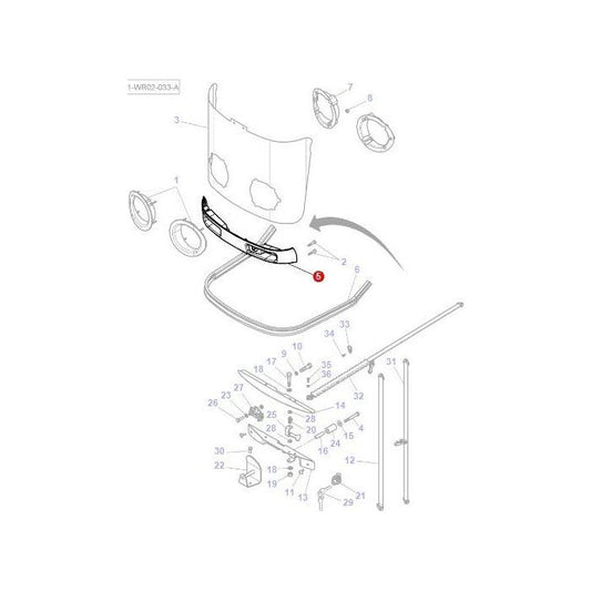 Exploded view of automotive parts, including a hood, grille, and various connectors and fasteners, labeled with numbers for assembly reference. Perfect for servicing your Massey Ferguson 6400 or similar models. Featuring the AGCO Massey Ferguson Headlight Surround (Part Number: 4291485M3).