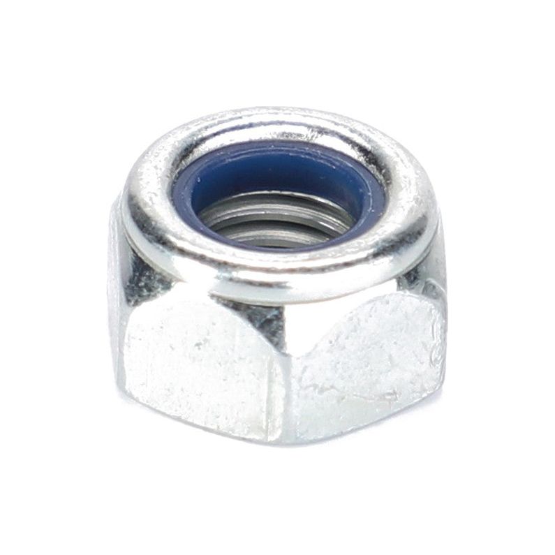 Close-up of the AGCO Massey Ferguson - Hex Nylon Insert Locknut (394367X1), featuring a metal hex nut with a blue nylon insert inside, commonly found in MF 4WD and Massey Ferguson models.