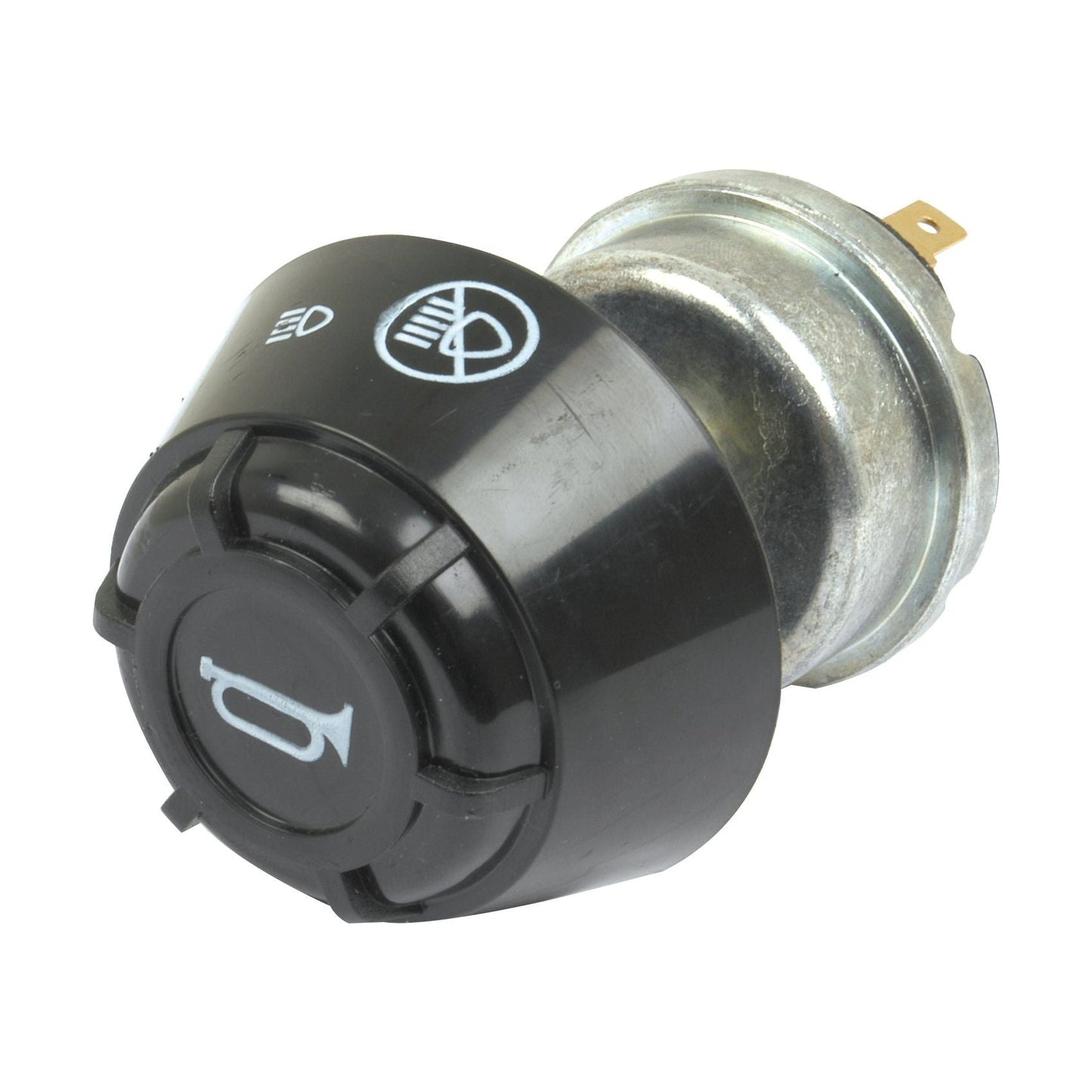 The Horn Switch (Sparex Part No. S.41444) from Sparex is a black and silver automotive switch featuring headlight, horn, and various other symbols on its circular knob.