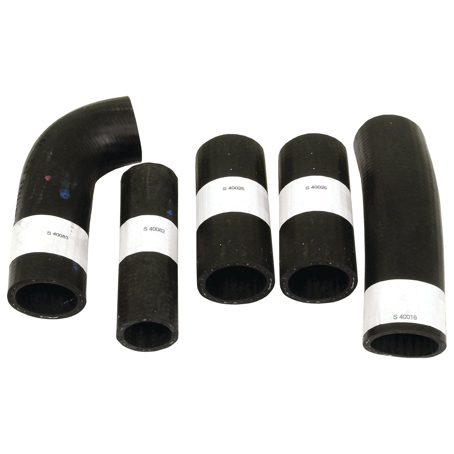 Five black rubber hoses with white labels. The Hose Set from Sparex (Part No. S.43006) comes in different sizes; two are bent at an angle while three are straight, suitable for various Massey Ferguson models.