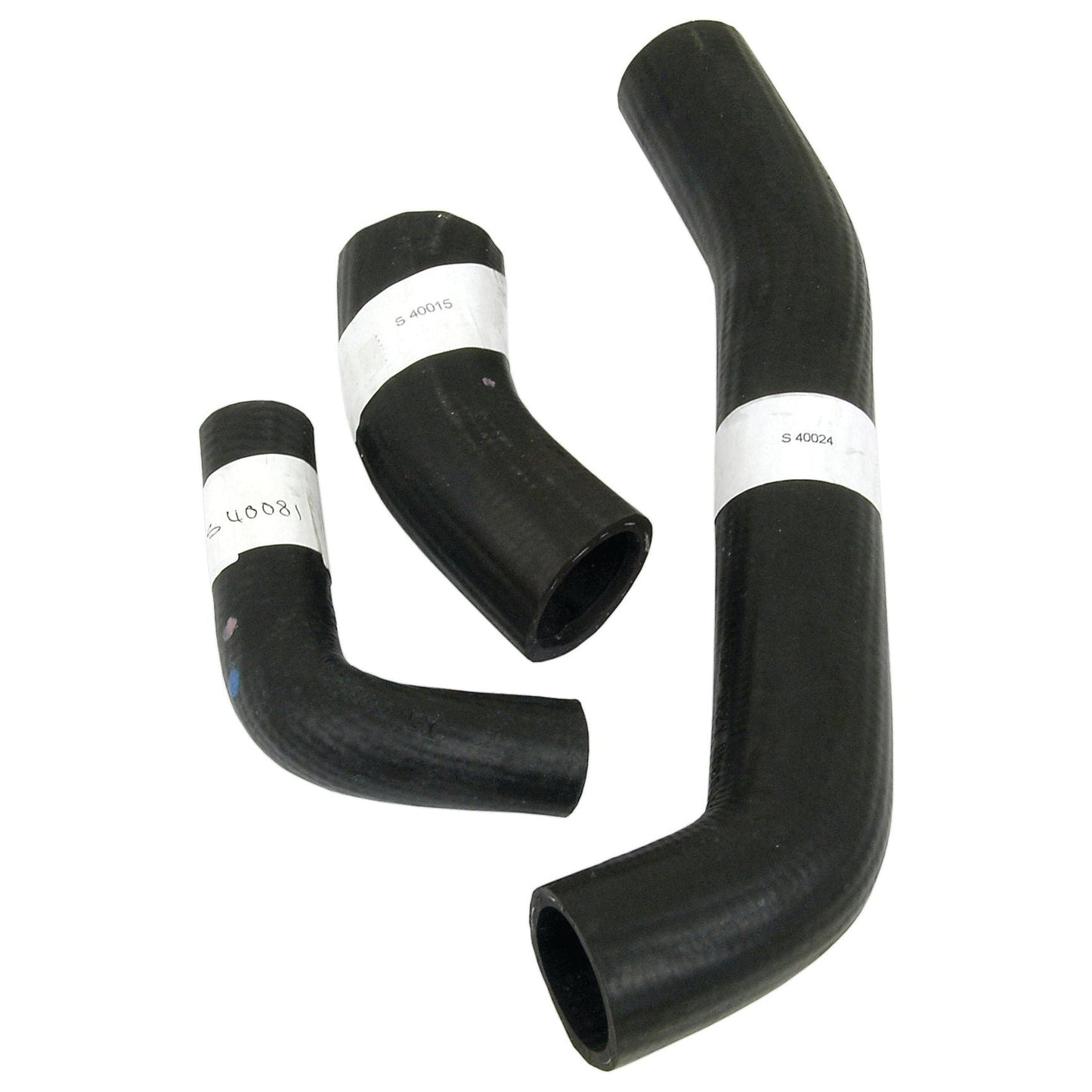 Three black rubber hoses of varying shapes and lengths are displayed, each with white labels containing text. These hoses are part of the Hose Set (Sparex Part No. S.43014) by Sparex, specifically designed for the Massey Ferguson FE35 model.