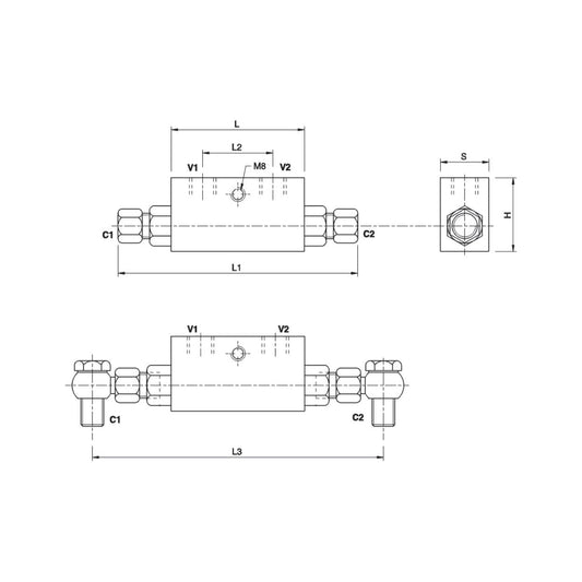 Technical drawing of the Hydraulic Double Acting Check Valve assembly for Hydraulic Top link - S.33137 by Sparex, showing top and side views with labeled dimensions and various components like valves and connectors. Suitable for providing detailed manufacture information.