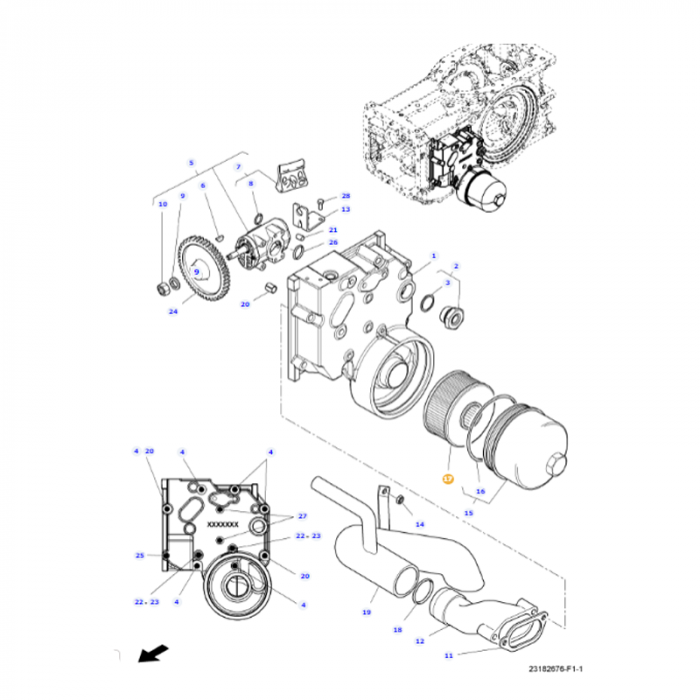 Technical diagram showing the components of the Massey Ferguson - Hydraulic Filter Element - 4366766M2 by AGCO, including gears, housings, and connectors, with numbered labels for parts identification.