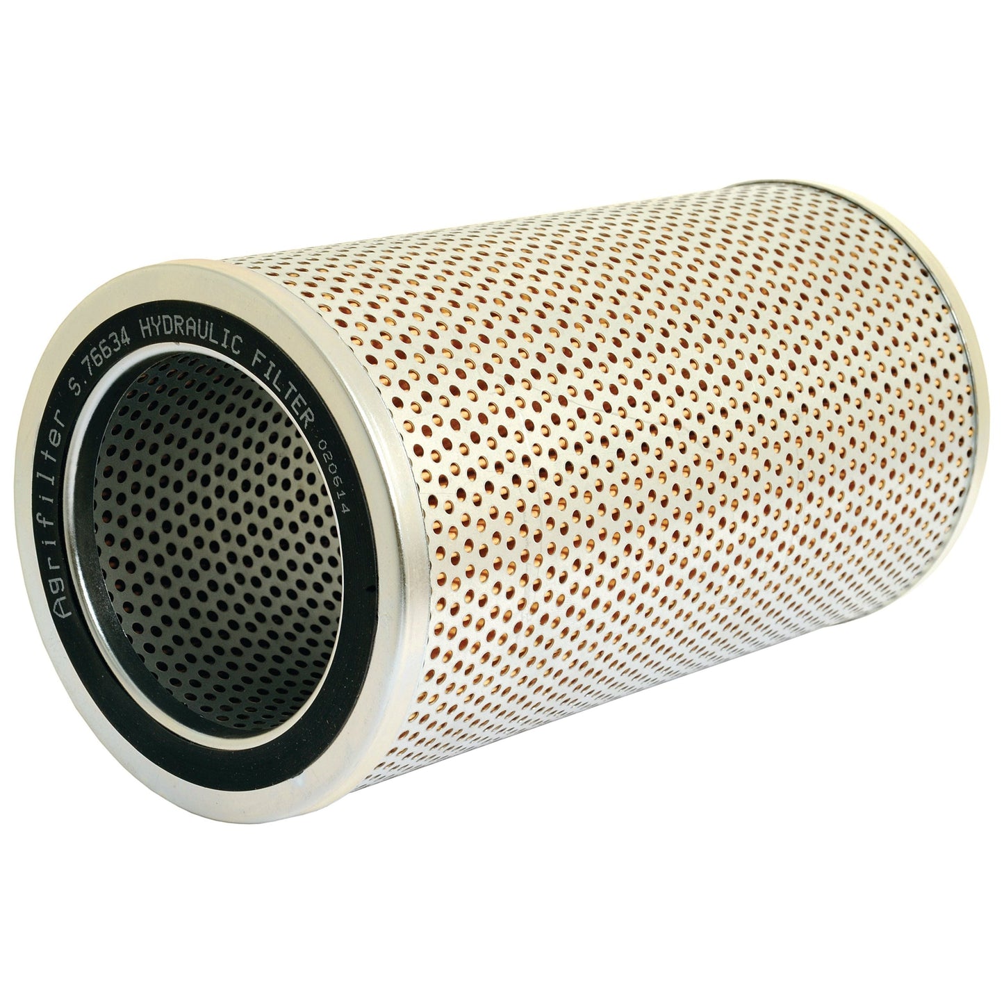 The Hydraulic Filter - Element (Sparex Part No. S.76634) is a cylindrical hydraulic filter featuring a perforated metal exterior, ideal for Massey Ferguson equipment.