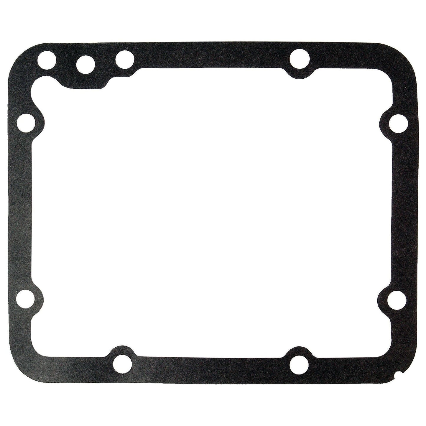 The Hydraulic Pump Gasket by Sparex, Part No. S.61320, is a rectangular black gasket with rounded corners and eight evenly spaced bolt holes along its perimeter, making it ideal for connecting a pump to housing.