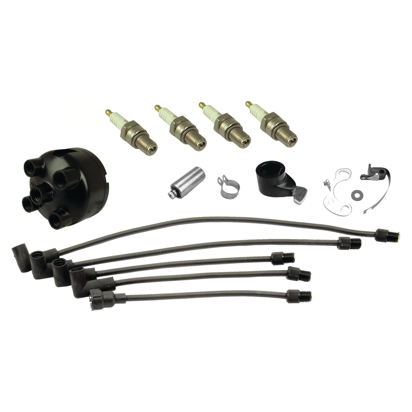 The Ignition Kit (Sparex Part No. S.43667) designed for TED20 Massey Ferguson is an automotive tune-up kit that includes spark plugs, ignition wires, a distributor cap, and other related components, all arranged on a white background.