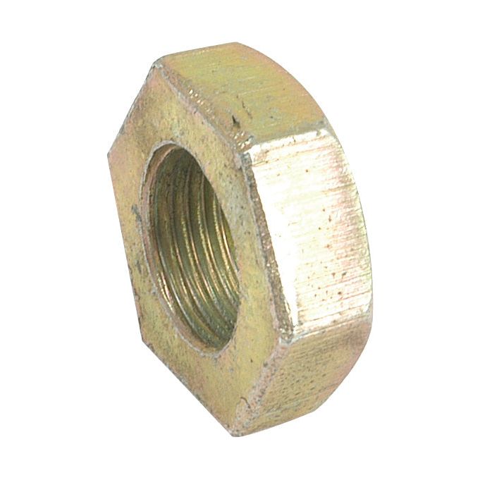 Close-up of a zinc-plated Imperial Half Lock Nut, size 7/16'' UNF (DIN 439B) with a threaded hole in the center, commonly used for fastening hardware components. This Sparex Part No.S.1006 is from the brand Sparex.