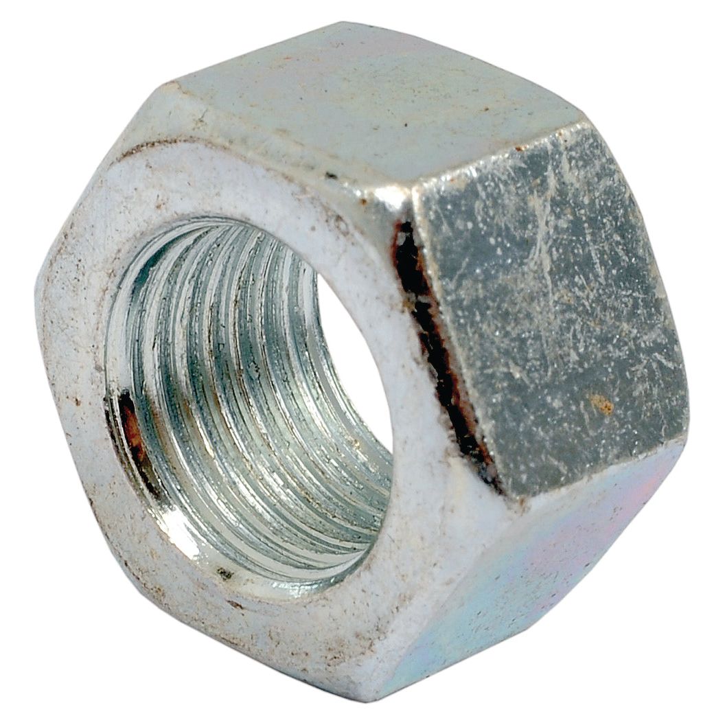 A close-up of the Sparex Imperial Hexagon Nut, Size: 1/2'' UNC (DIN 934) with an internal screw thread and a tensile strength of 8.8, suitable for Massey Ferguson equipment (Sparex Part No.S.1829).