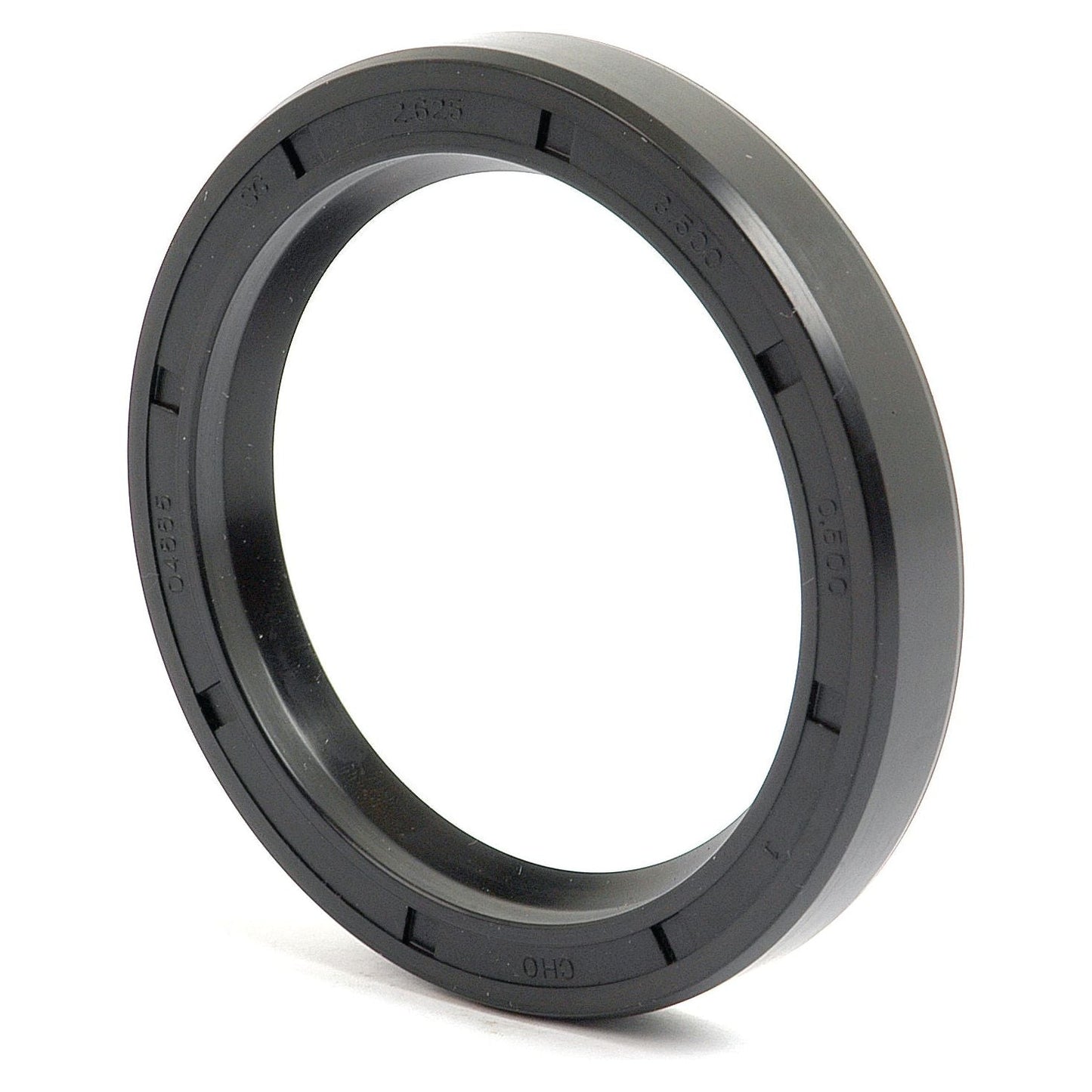 A black, circular mechanical ring with engraved markings, known as the Sparex Imperial Rotary Shaft Seal (Part No. S.41549), measuring 2 5/8'' x 3 1/2'' x 1/2'', featuring a Double Lip design for use in machinery or as a gasket.