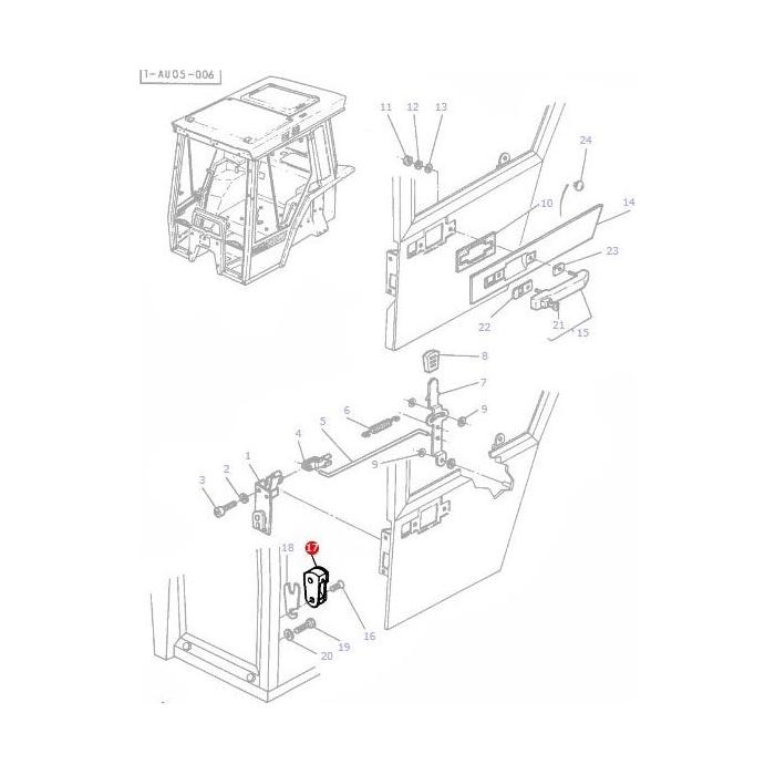 A mechanical diagram of a Massey Ferguson car door assembly, showcasing various parts such as the lock mechanism, window components, and internal hardware. The Massey Ferguson - Inner Door Latch R/H by AGCO (part number 3301857M91) is specifically highlighted in red near the bottom left area.