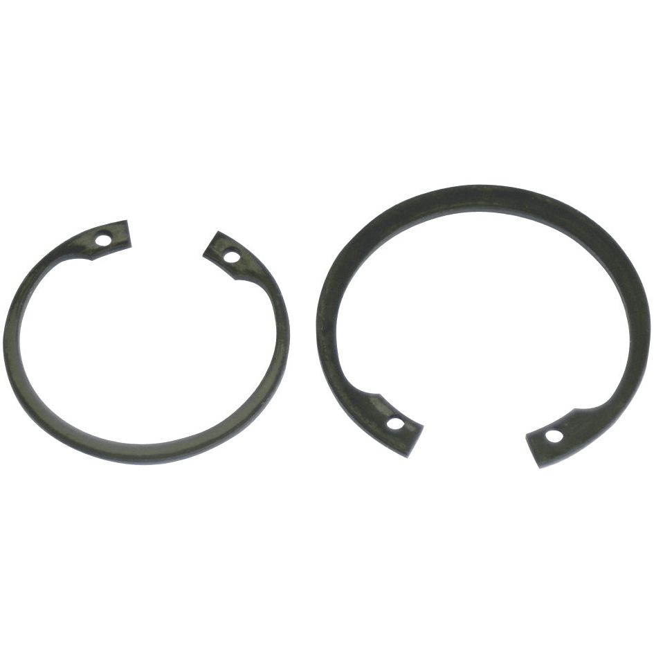 Two black metal retaining rings of different sizes are shown side by side against a white background. The larger ring is a 27mm Internal Circlip from Sparex, specifically the Sparex Part No.S.2823, compliant with DIN 472 standards.