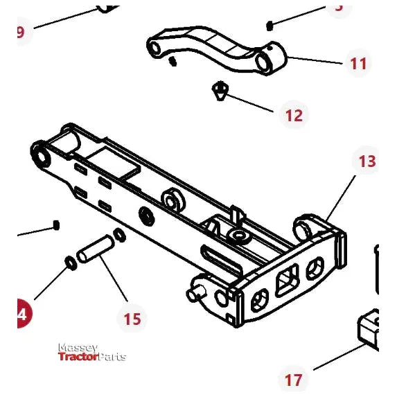 Illustrated diagram displaying various tractor parts, prominently featuring a main rectangular component with multiple holes and smaller components labeled with numbers, ideal for industrial applications. The detailed schematic also highlights the Massey Ferguson Internal Retaining Ring by AGCO, part number 3012053X1.