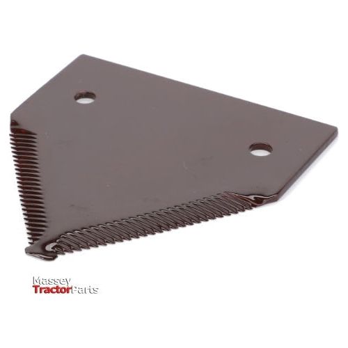 A triangular metal blade with serrated edges and two holes, labeled "AGCO Massey Ferguson - Knife Section Plain - 210987M1," suitable for Massey Ferguson Combine from the 100 Series.