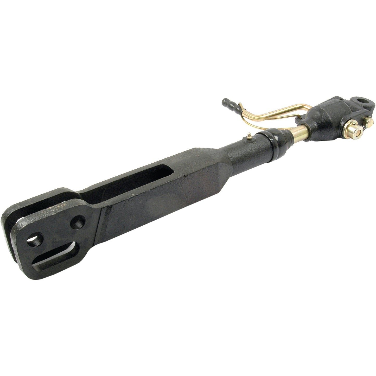 A Sparex Levelling Box Assembly (Part No. S.16863) with a knuckle diameter of 22mm and fork holes of 20mm and 21x63mm, featuring an adjustable screw, clevis end, and a minimum length of 540mm—ideal for use with Massey Ferguson machinery.