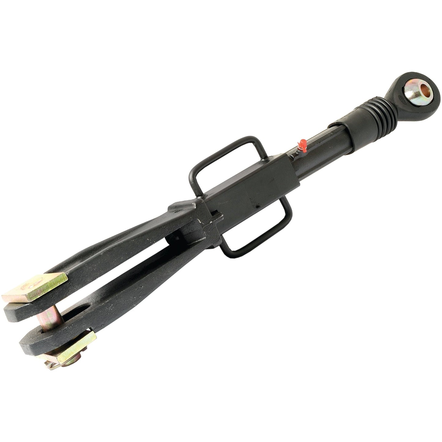 Levelling Box Assembly - Ball Ø 22mm- Fork Hole Ø 22x60mm - Min. Length:677mm - M27x3 Metric by Sparex, Sparex Part No. S.44062, for agricultural machinery on a white background. Compatible with Massey Ferguson tractors, ensuring precision and reliability in your farming tasks.