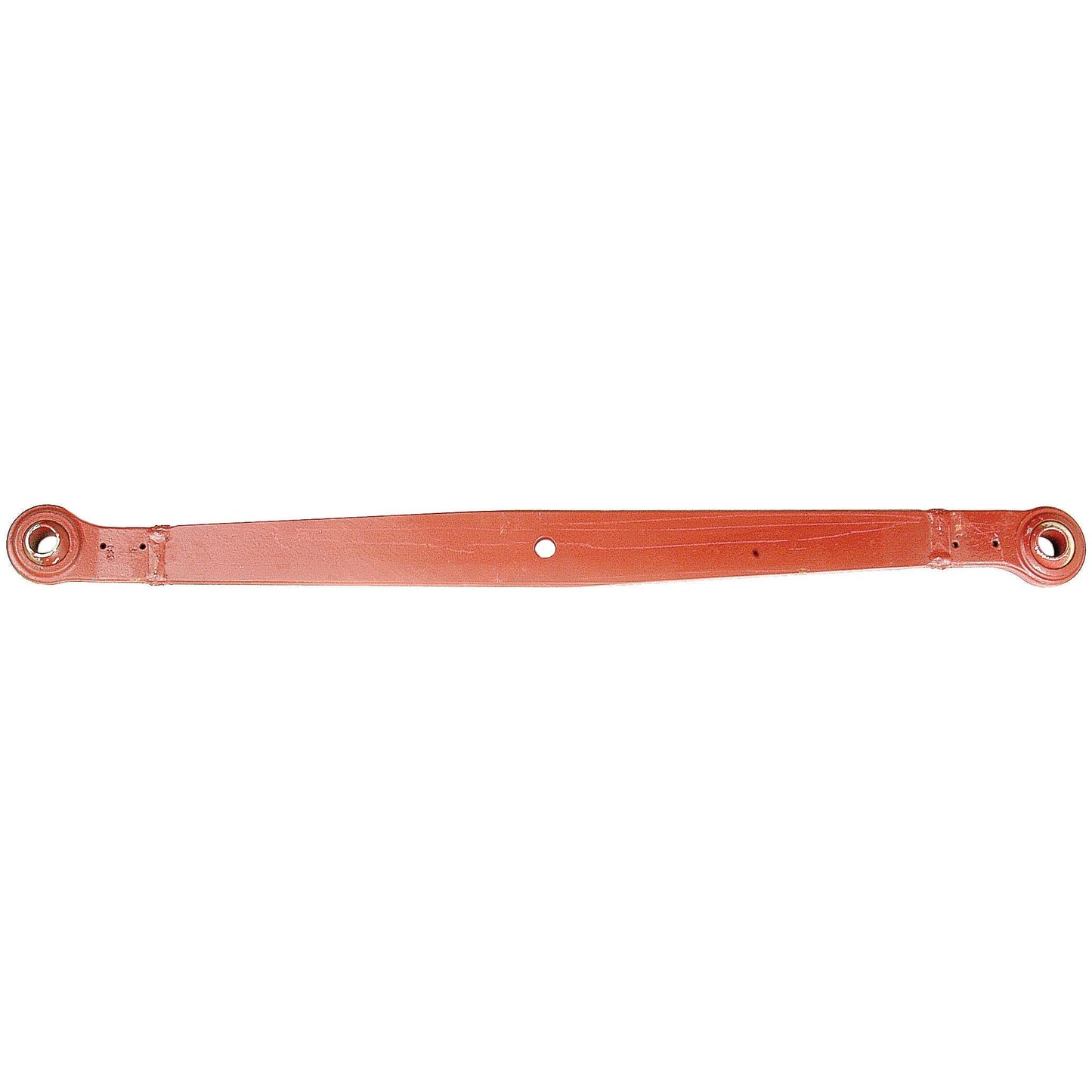 The Lower Link Lift Arm - Ball Ø 22mm - Ball Ø 22mm - RH & LH (Sparex Part No.S.42620) is a long, red metal bar with a red oxide coating, featuring two circular holes on each end and a single central hole. It is possibly used as a structural support or connecting piece in Massey Ferguson machinery and falls under the Sparex brand.
