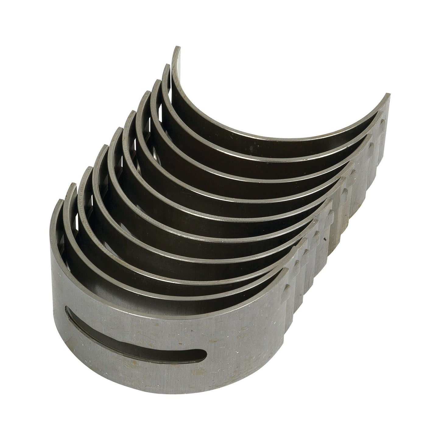 The Main Bearing Std. (Set) by Sparex, Part No. S.40339, is a set of ten metal semicircular bearing shells stacked together, typically used as main bearings in internal combustion engines, suitable for Perkins Build List or Massey Ferguson machinery.
