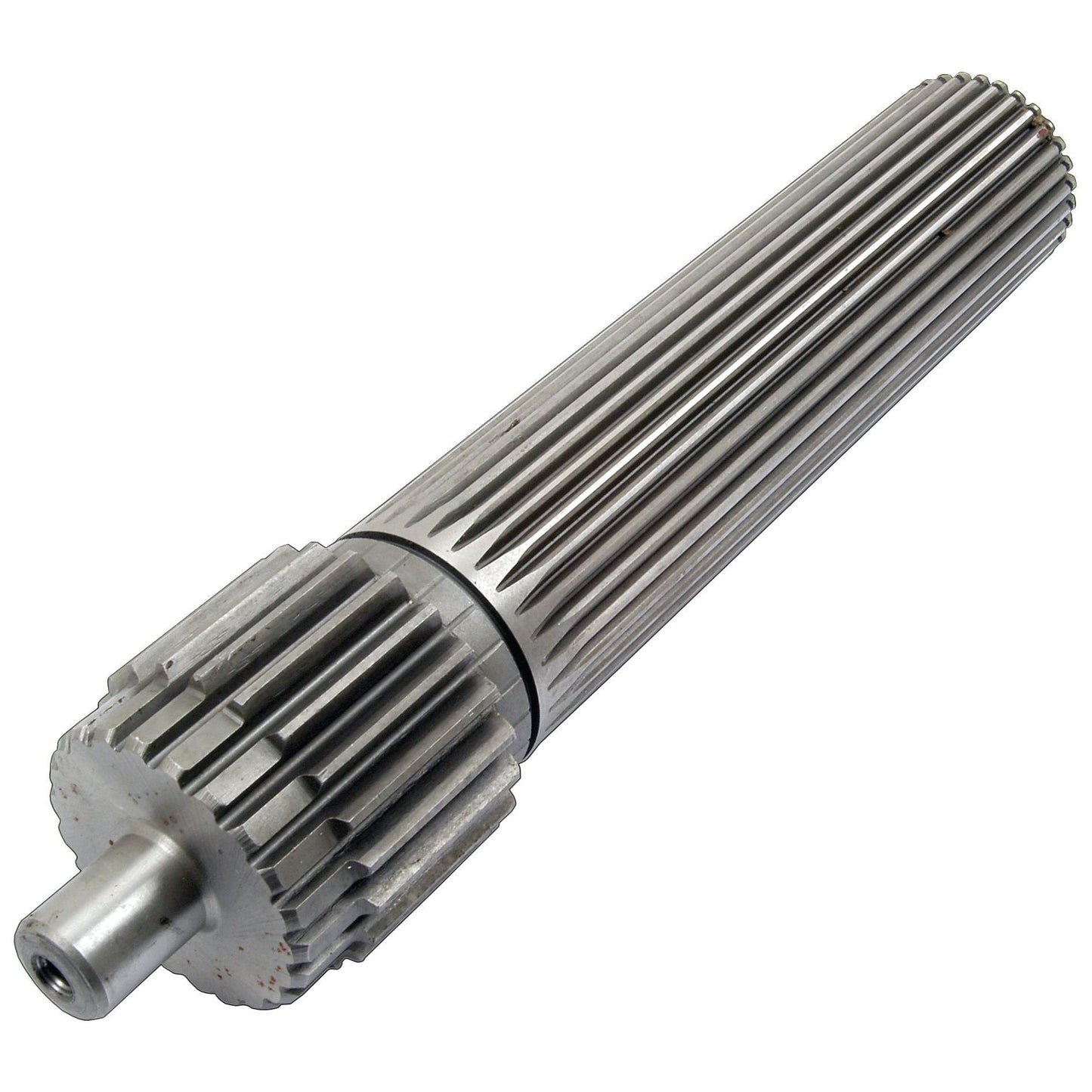 A metallic, cylindrical mainshaft with helical teeth and a smooth central section, used in mechanical assemblies or machinery. This Main Shaft (Sparex Part No. S.43439) is compatible with Massey Ferguson tractors and is available through Sparex for easy replacement.