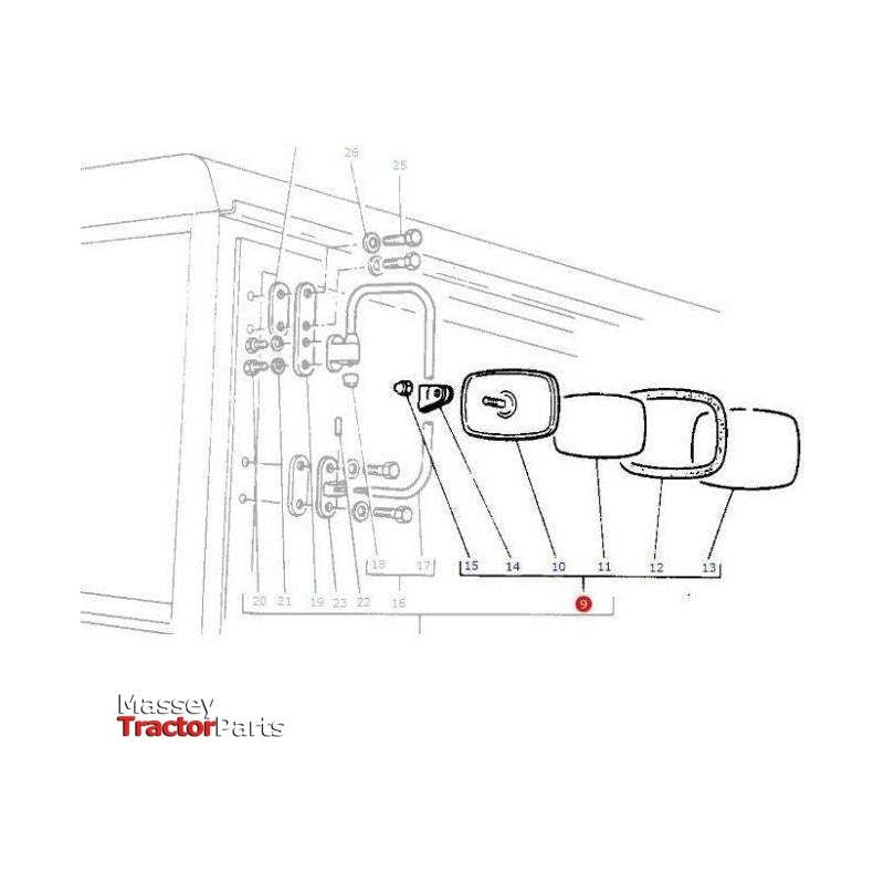 Diagram of the Massey Ferguson External Mirror (part numbers 1891218M91 and 3909808M91) showing individual parts with reference numbers and assembly instructions. Branding for AGCO is present in the bottom left corner.