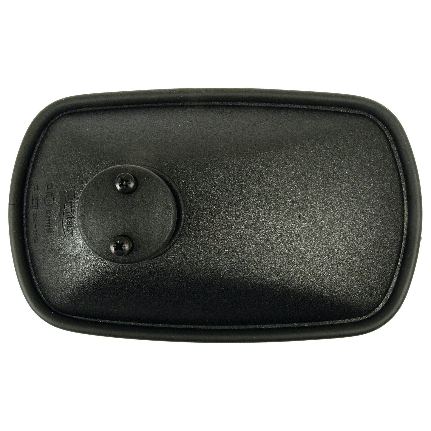 Close-up of the backside of a black plastic handheld device, possibly a remote control, featuring a battery compartment cover secured by two visible screws, reflecting light similar to the Sparex Mirror Head - Rectangular, Convex, 263 x 160mm (S.4155).