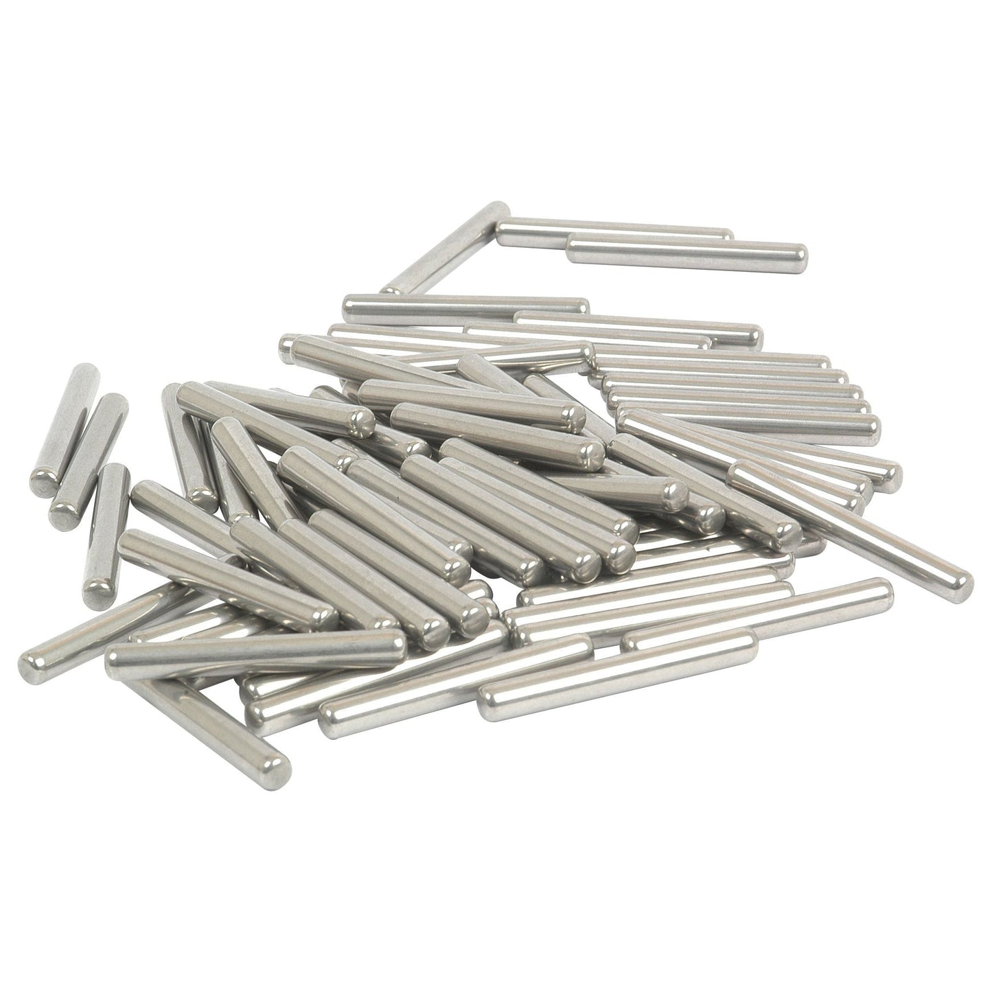 A pile of silver metallic cylindrical pins, similar to those in the Sparex Needle Bearing (75 pcs.) kit, is scattered on a white surface.