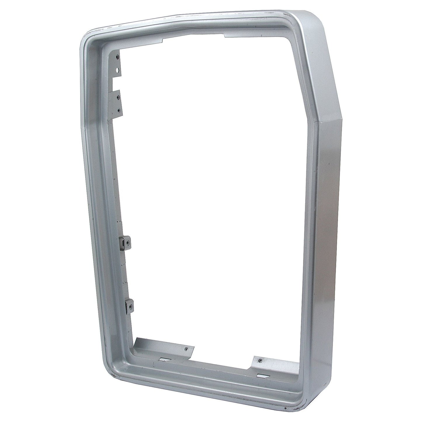 Rectangular metallic car headlight bezel with an angular design, featuring several mounting brackets on the inner edge. Ideal for Massey Ferguson models and delivered primed for immediate installation, this Nose Cone (Sparex Part No.S.43556) from Sparex ensures durability and a perfect fit.