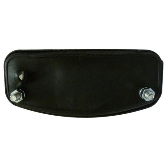 The AGCO Massey Ferguson - Number Plate Light - 829121M1 is a black plastic rectangular bracket featuring two metal bolts and a small peg on its surface, perfect for tractor parts compatible with Massey Ferguson 100 Series models.