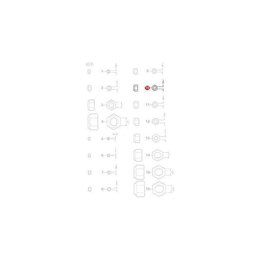 A series of detailed technical drawings of different hexagonal nuts and fasteners, including the AGCO Massey Ferguson - Nut 1/2 UNF Lock (353438X1), labeled with numbers and precise measurements.