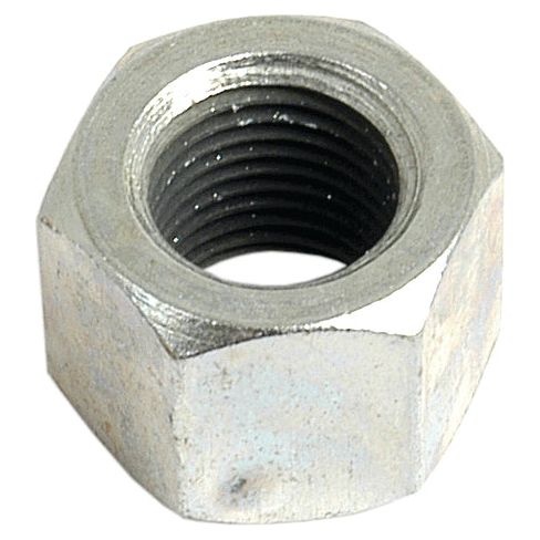 A close-up view of a metallic hexagonal Nut for Crown Wheel and Pinion (Sparex Part No. S.40900), with a threaded interior, commonly used in Massey Ferguson machinery by Sparex.