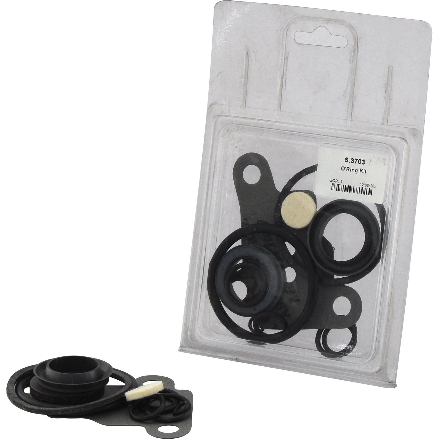 A packaged O'Ring Kit, Sparex Part No. S.3703 by Sparex, featuring various black rubber seals of different sizes, displayed next to some unpackaged rings and components. Ideal for Hydrosteer Type systems or any Power Steering Ram maintenance.