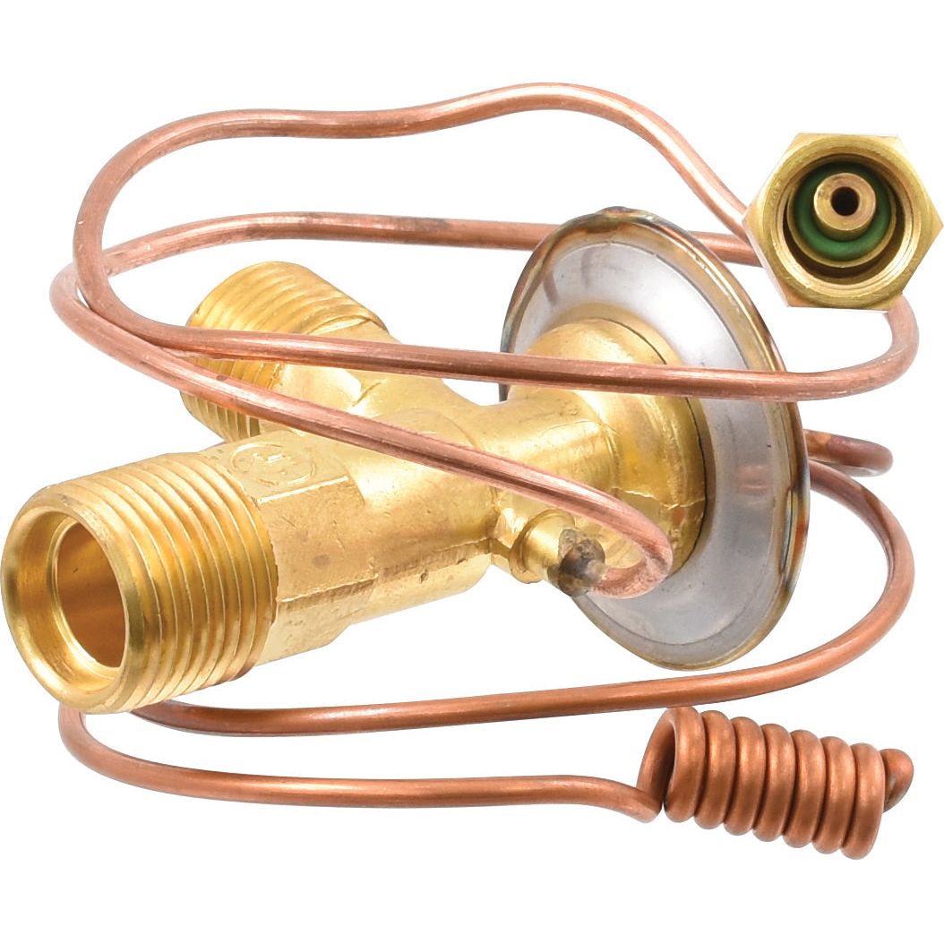 A brass O Ring Type Expansion Valve with connected copper tubing and fittings, compatible with Case IH equipment, available as Sparex Part No. S.106790 from the Sparex brand.