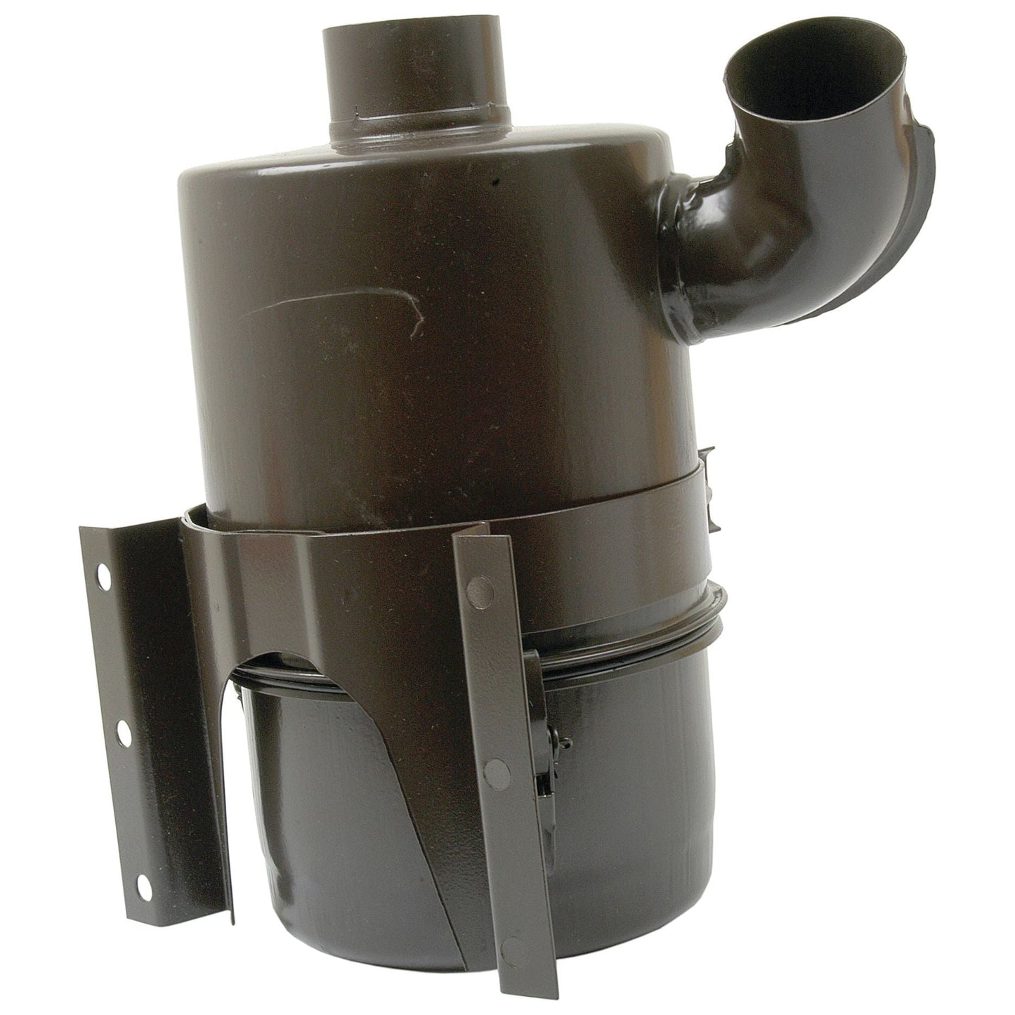 The Sparex Oil Bath Air Cleaner (Sparex Part No.S.40553) is a cylindrical metal air cleaner featuring an inlet and outlet and designed for engine compartments. It mounts on metal brackets and is ideal for engines such as the Perkins A4.236 or Massey Ferguson models that require an efficient oil bath filter system.