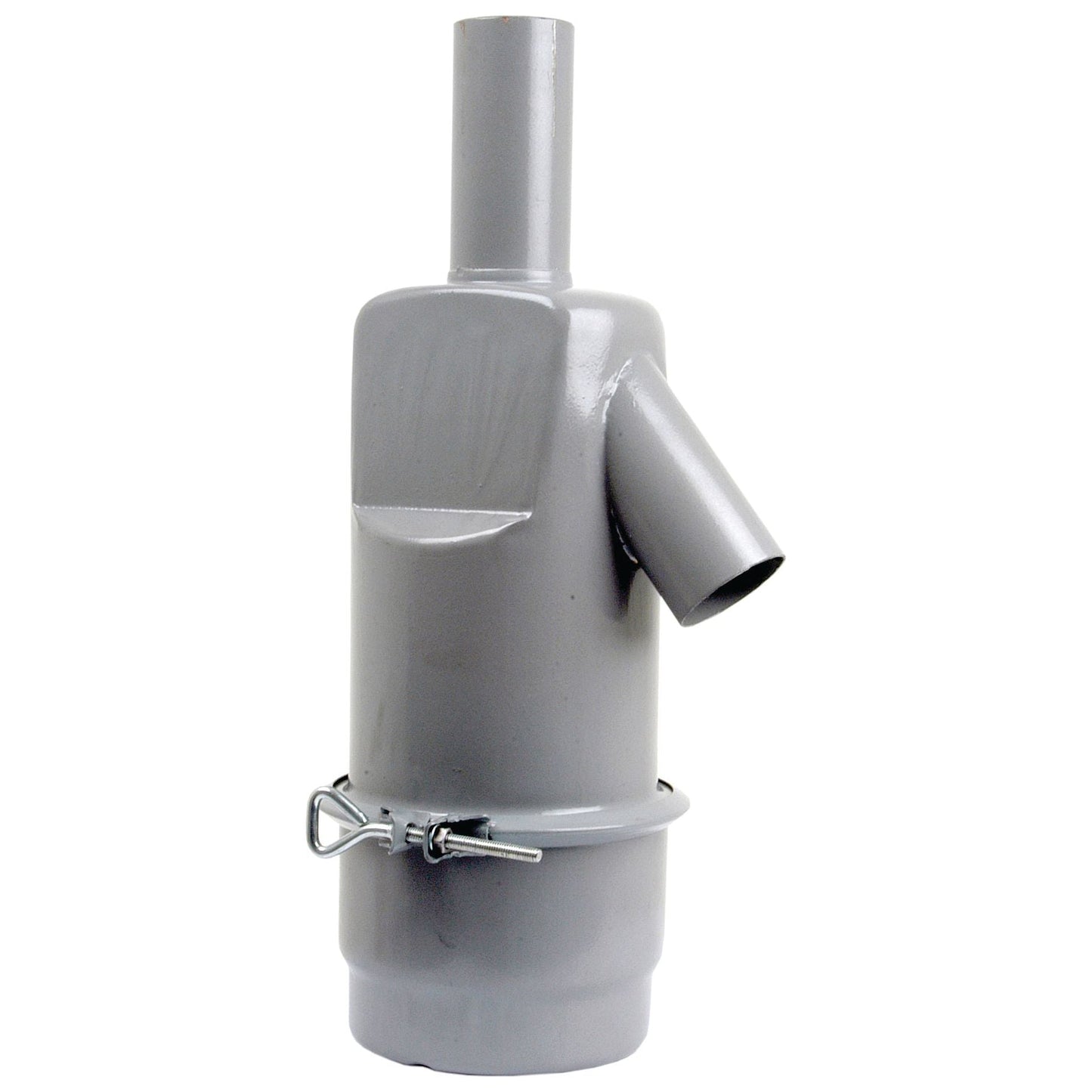 A gray cylindrical pipe fitting with a vertical top pipe, an angled side pipe, and a clamp at the bottom. This versatile component is compatible with Massey Ferguson tractors and can also be integrated into Sparex's Oil Bath Air Cleaner (Sparex Part No.S.43756) systems for enhanced performance.