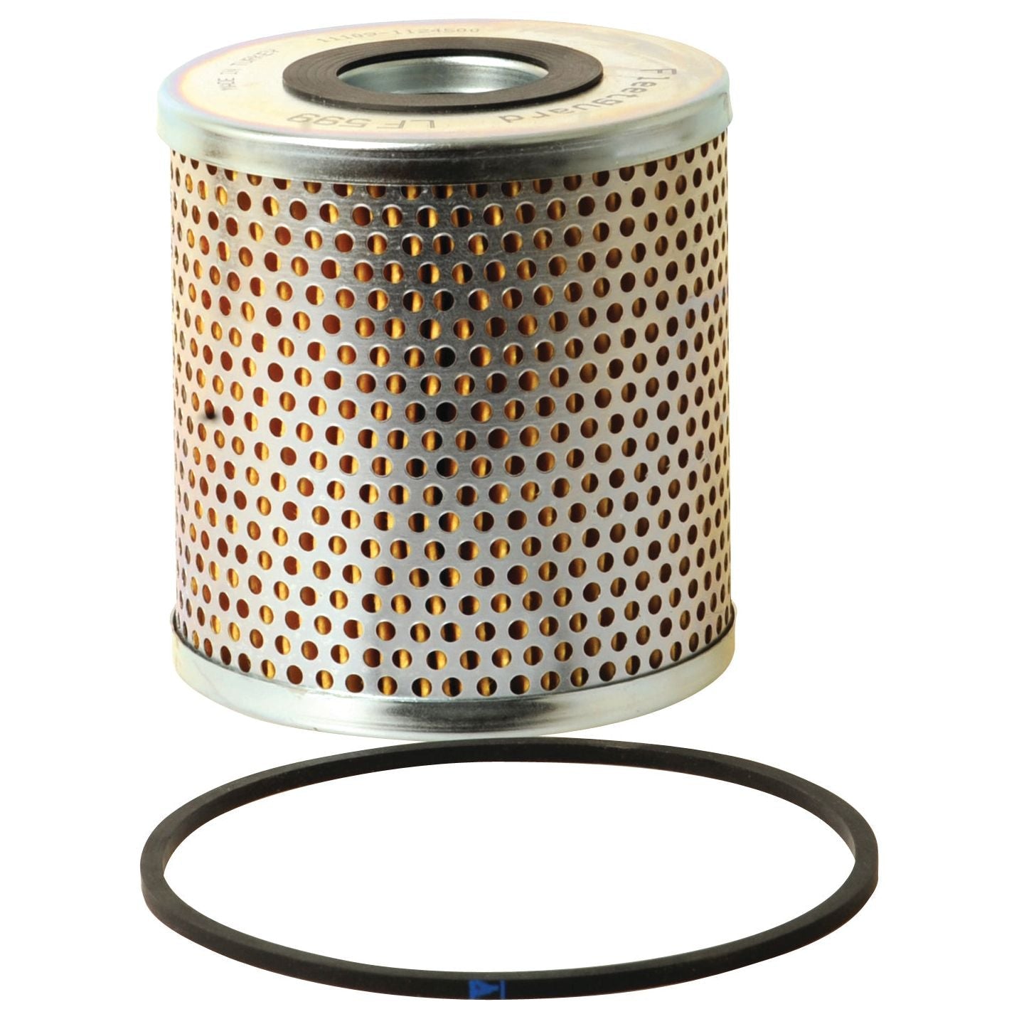 A cylindrical metal oil filter with a perforated exterior, resembling the Oil Filter - Element - LF599 (Sparex Part No. S.55703) by Sparex, accompanied by a rubber O-ring gasket placed in front of it.