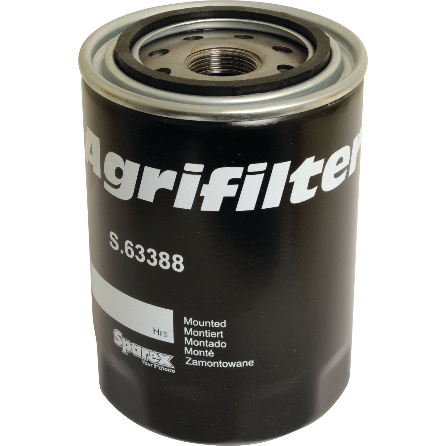 A black spin-on oil filter displaying white text that reads "Sparex Agrifilter" and “S.63388.” This filter is designed for compatibility with Massey Ferguson and features additional language details along with the brand name "Sparex.