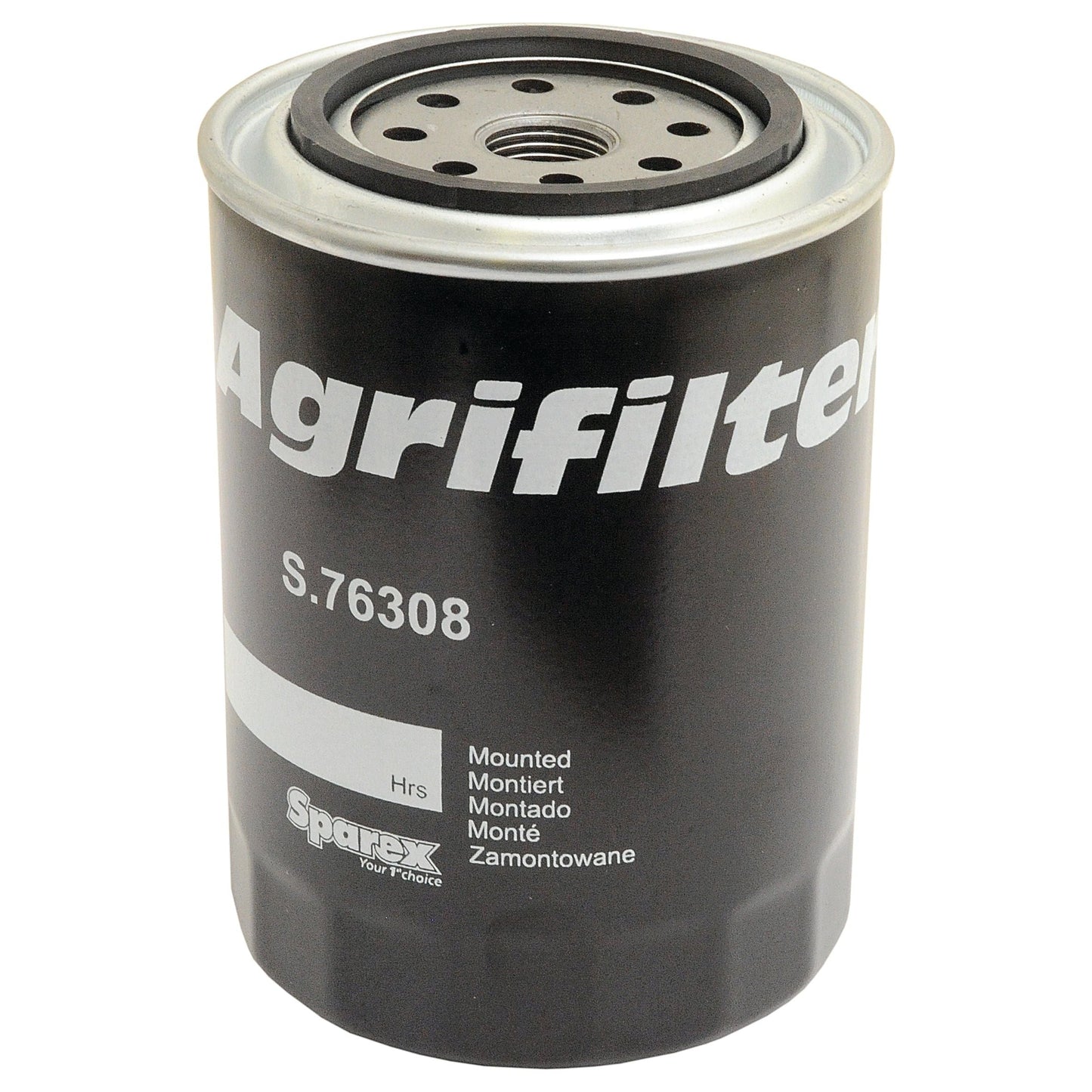 A black cylindrical oil filter labeled "Sparex Oil Filter - Spin On, Part No. S.76308" with additional information printed on the front, suitable for Claas DOMINATOR.