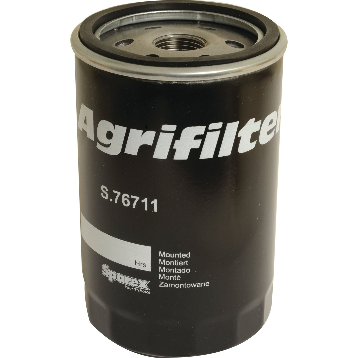 The Sparex Oil Filter - Spin On, part number S.76711, fits seamlessly into your Case IH machinery. Featuring a cylindrical design with a threaded opening, it boasts clear white text on a sleek black body for easy identification and dependable performance.
