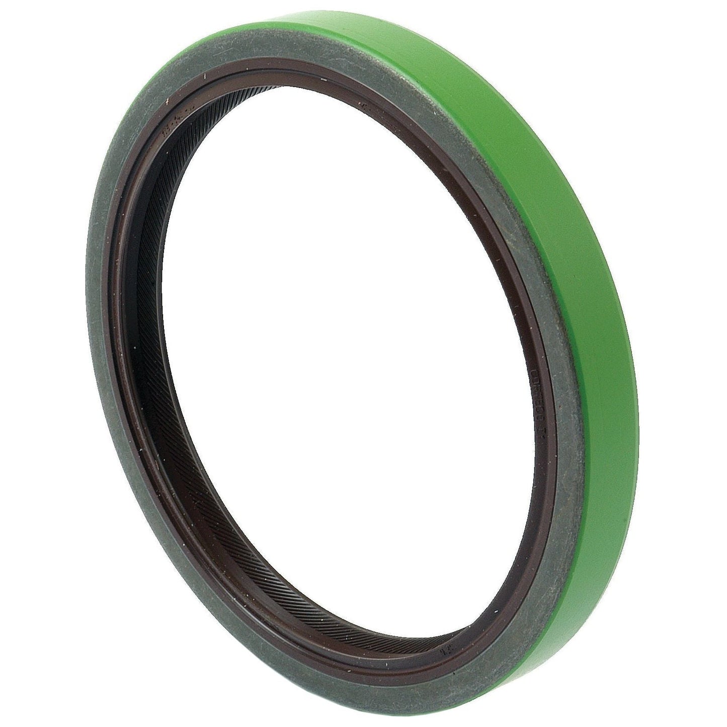 The Sparex Oil Seal, 35 x 58 x 17mm (Sparex Part No. S.69980), designed for use as a seal in the rear crankshaft for Fendt and Deutz-Fahr engines, features a green and brown circular design with a metal reinforcement ring. It is displayed against a white background.