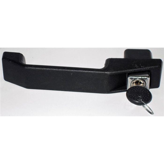 A Massey Ferguson - Outer Door Handle 3000srs - 3385314M91 in black, featuring a lockable design with an inserted key, set against a white background, courtesy of AGCO.