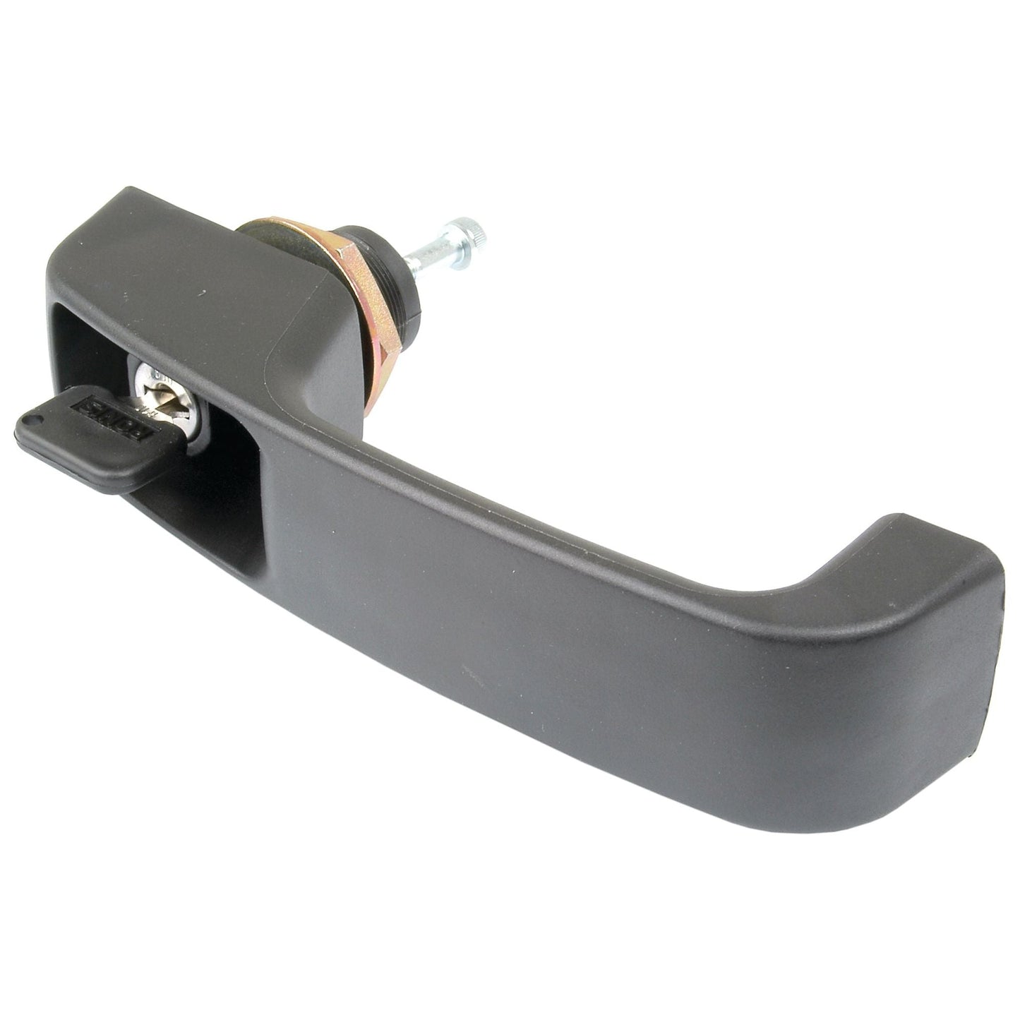 A black Outer Door Handle RH & LH (Sparex Part No. S.20913) by Sparex, designed with a keyhole and an attached key. The rectangular shape with rounded edges mirrors the high-quality components typically found in Massey Ferguson tractors.