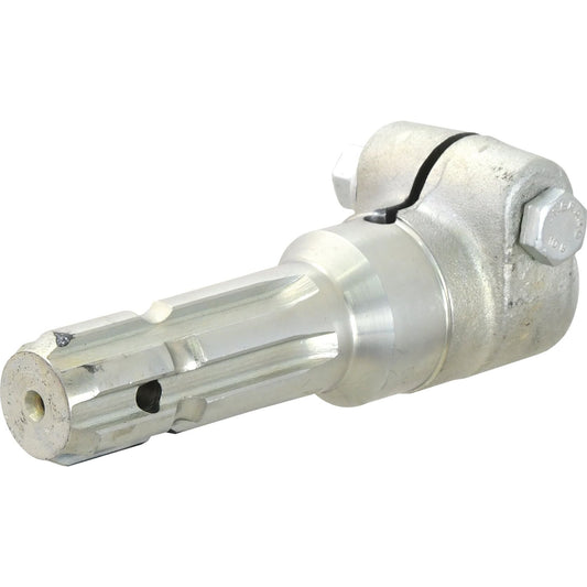 The Sparex PTO Adaptor - Female spline 1 3/8'' - 6 x Male spline 1 3/8'' - 6 with Clamp Bolt (S.3741) is a metal universal joint coupler designed for standard-duty applications and features a grooved cylindrical shaft and attached fasteners.