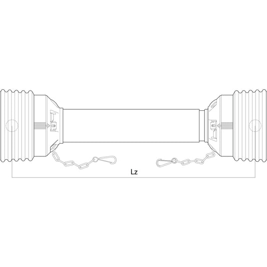 Here is a revised version of the sentence using the provided product data:
Technical drawing of a Sparex PTO Complete Guard Kit, with ridged ends reminiscent of German and Italian type shafts, connected by a central smooth section labeled "Lz," featuring two chains attached to the ends. The length is 1360mm and it is size Medium. It corresponds to Sparex Part No. S.59664.