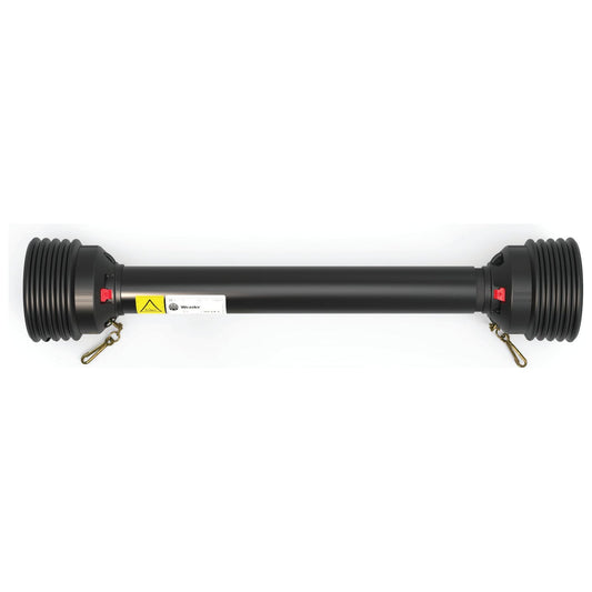 Image of a PTO Guard - Easylock by Sparex, featuring protective coverings at both ends, safety warning labels, and a convenient Easylock mechanism. This black PTO shaft is 1360mm in length and comes in size Large (Sparex Part No. S.59610).